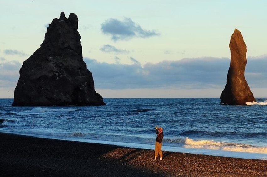 Reynisfjara black sand beach with sea stacks