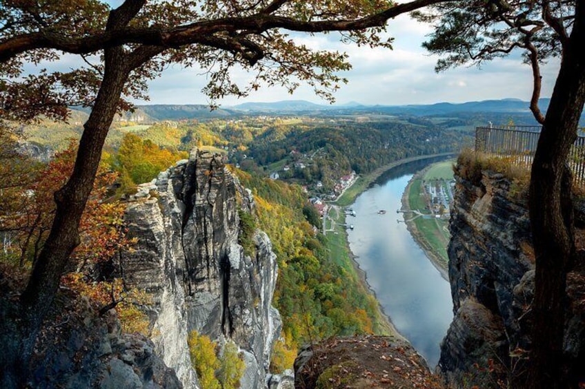 Bastei viewpoint overlooking Elbe Canyon in Saxon Switzerland National Park.