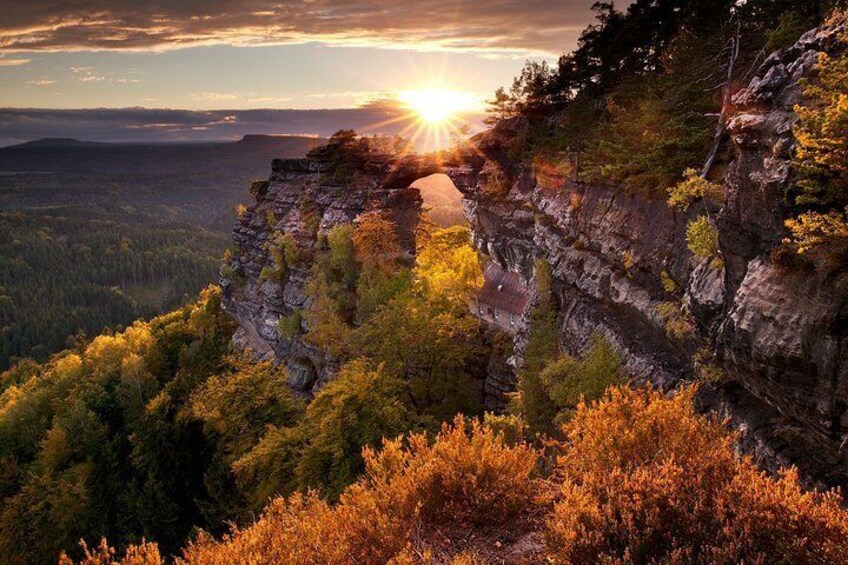 The highlight of Bohemian Switzerland - Pravcicka Gate in fall colors