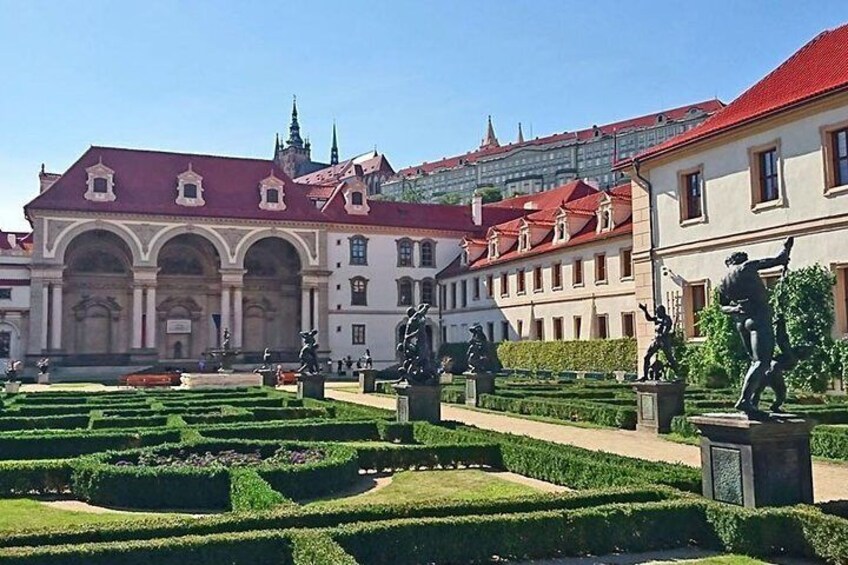 Prague castle seen from the peaceful Wallenstein garden