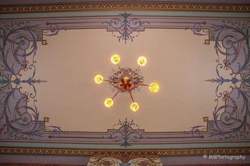 This view of the parlor ceiling is one of many examples of the attention to detail and beauty of the house.