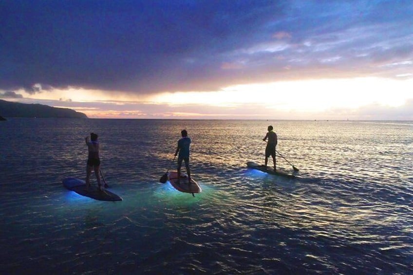 After the river, we paddle along a calm bay where the boards light up the ocean