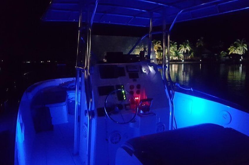 Our boat during a bioluminescence tour in Grand Cayman