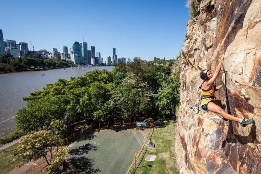 Climbing with Brisbane CBD in the background