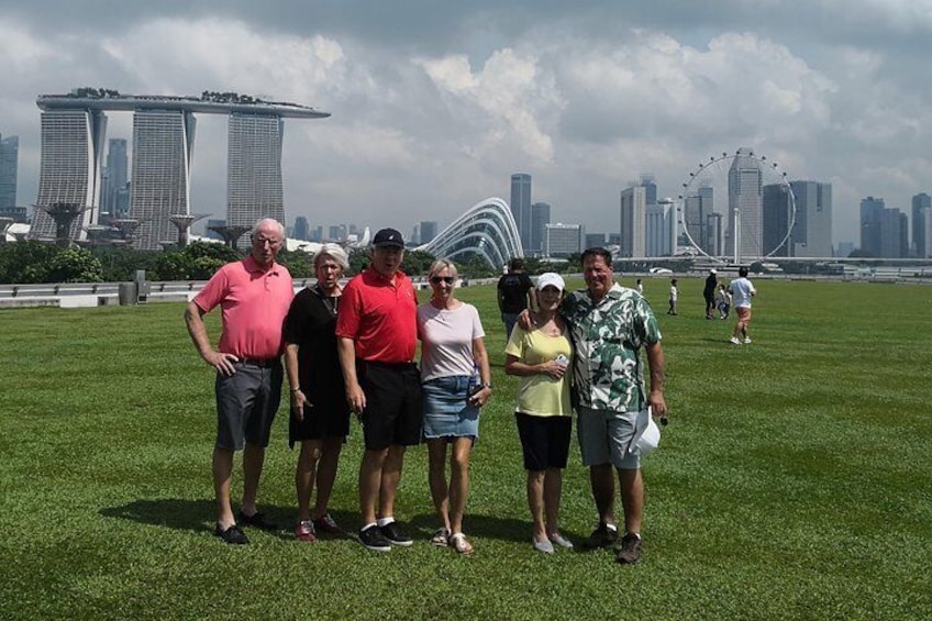 Great group photo overlooking Marina Bay Sands and SIngapore Flyer