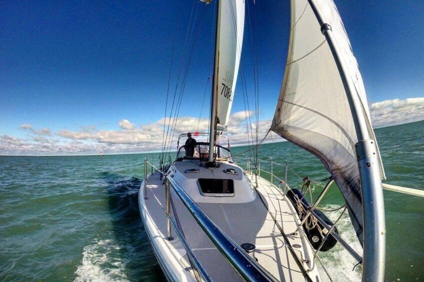 From the bow. Plenty of room on the foredeck for relaxing with friends and family.