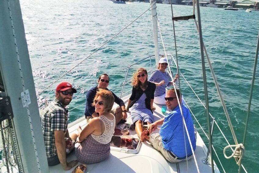 Relaxing on the bow with friends.