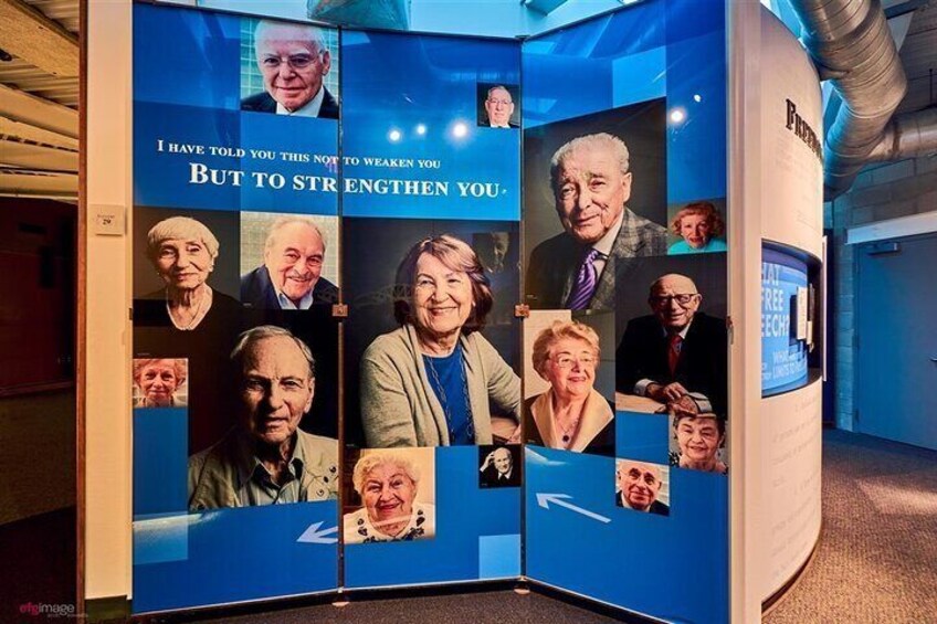 A display in the Museum's core Holocaust exhibition that depicts a number of local Chicagoland Holocaust Survivors whose stories are woven throughout the galleries.