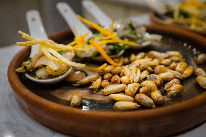 Sometimes Peru’s iconic ceviche is served with corn and the spicy ají limo chile.