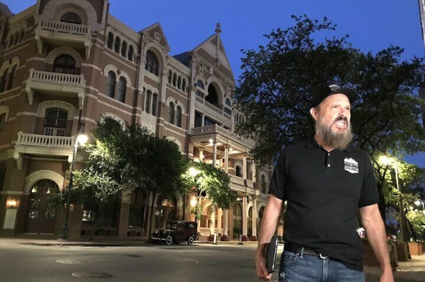 On tour in front of the historic Driskill Hotel, built in 1885, during the Servant Girl Murder spree.