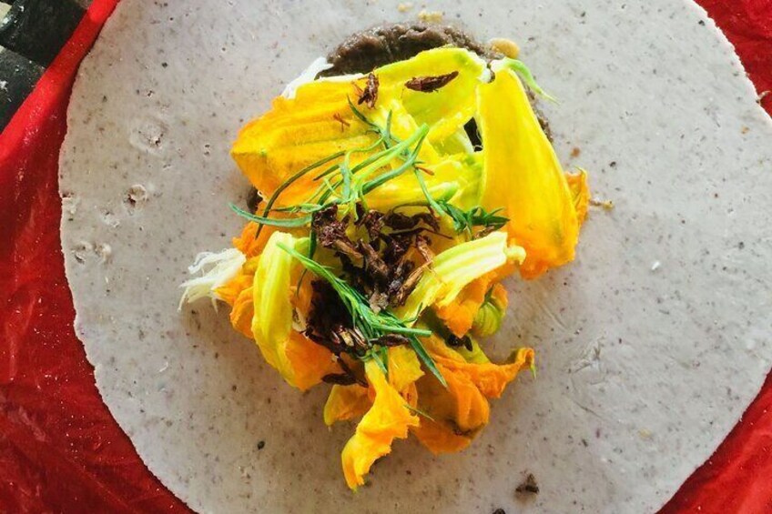 Tetela whit squash flower, chesse and grasshoppers 