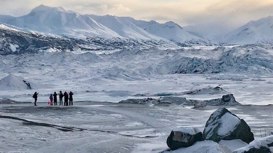 Approaching the Matanuska Glacier in winter on the Glacier Hike Day Tour