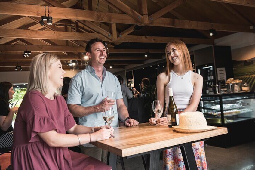 Friends tasting wine in cellar door laughter