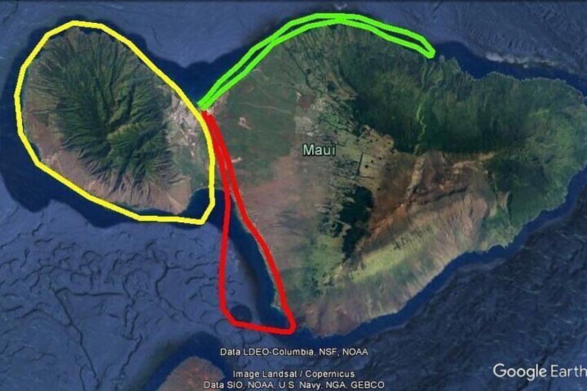 CHOOSE FROM: HANA SKY ROAD (GREEN) or WEST MAUI COAST AND MOUNTAINS (YELLOW) OR VALLEY, LAVA AND MOLOKINI CRATER (RED)