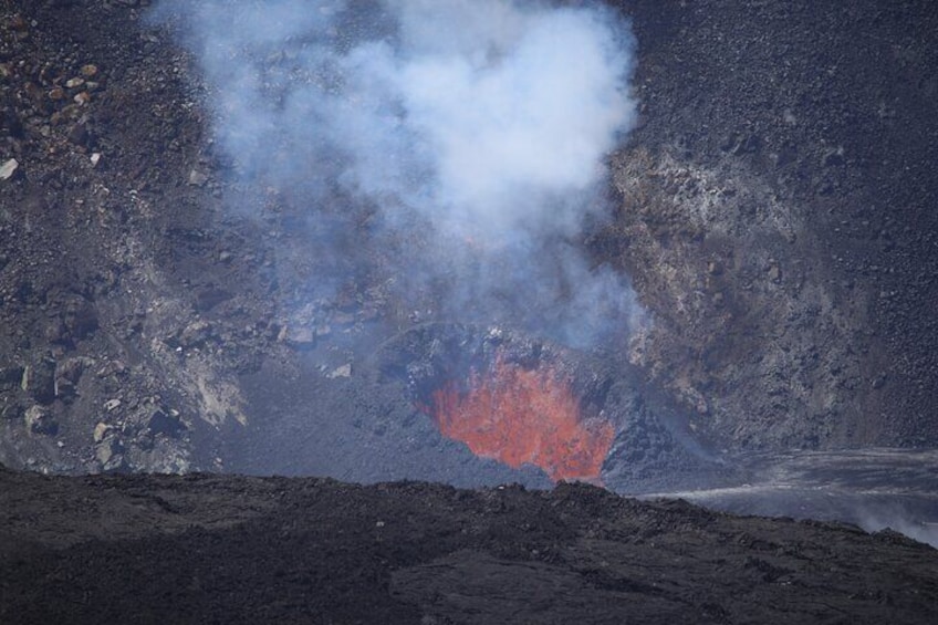 October 2021 ava fountaining in small cone visible during the day. Best with binoculars.