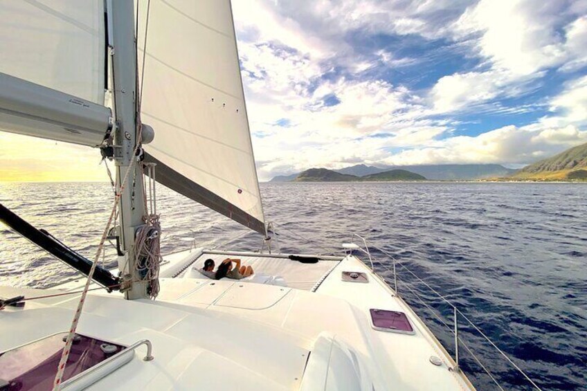 Sailing at sunset on the bean bags