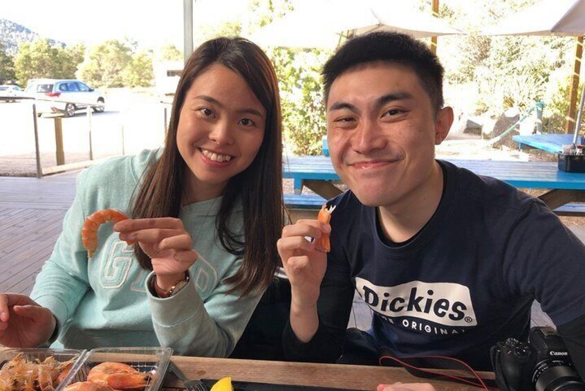 Enjoying some fresh Tasmanian seafood at Freycinet marine farm