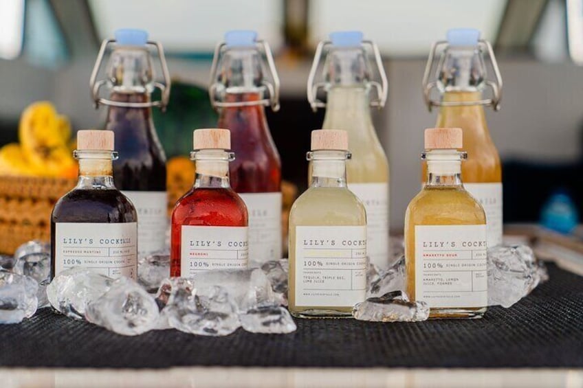 Pre-made cocktails are available in our office to take with you on boars. We'll provide:
- A stylish cooler bag
- A pack of ice
- "On the rocks" glasses