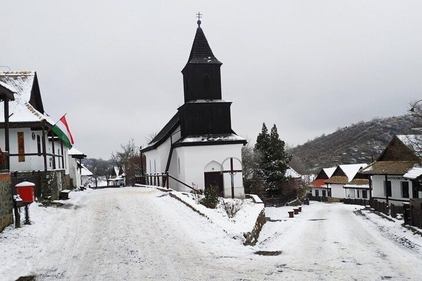 Snowy Hollókő in Wintertime