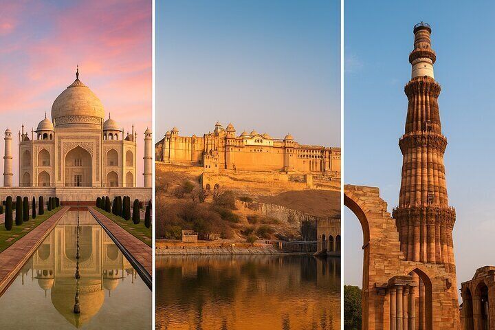Collage featuring the Taj Mahal in Agra, Amber Fort in Jaipur, and Qutub Minar in Delhi representing the Golden Triangle of India