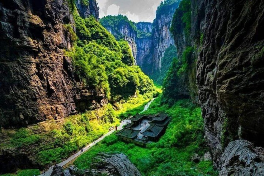 A typical view of Wulong, a giant karst sinkhole named as "heavenly hollow and earthly crack", an amazing landscape fascinates global travelers. 