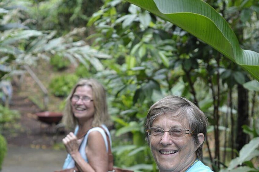 Two senior travellers are thoroughly enjoying this spectacle of nature, walking through the Annandale waterfall.