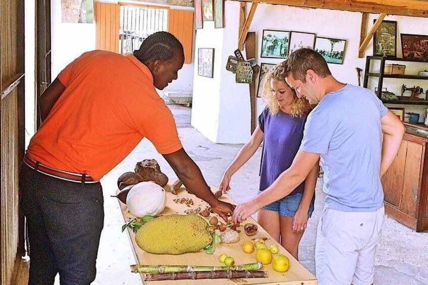 Guide exampling the different fruits and spices grounds on the island.