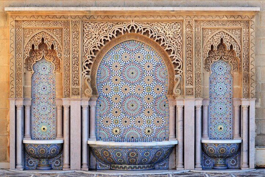 Morocco. Decorated fountain with mosaic tiles in Rabat