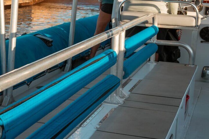 Bench style outward facing seating on our raft for optimal viewing.