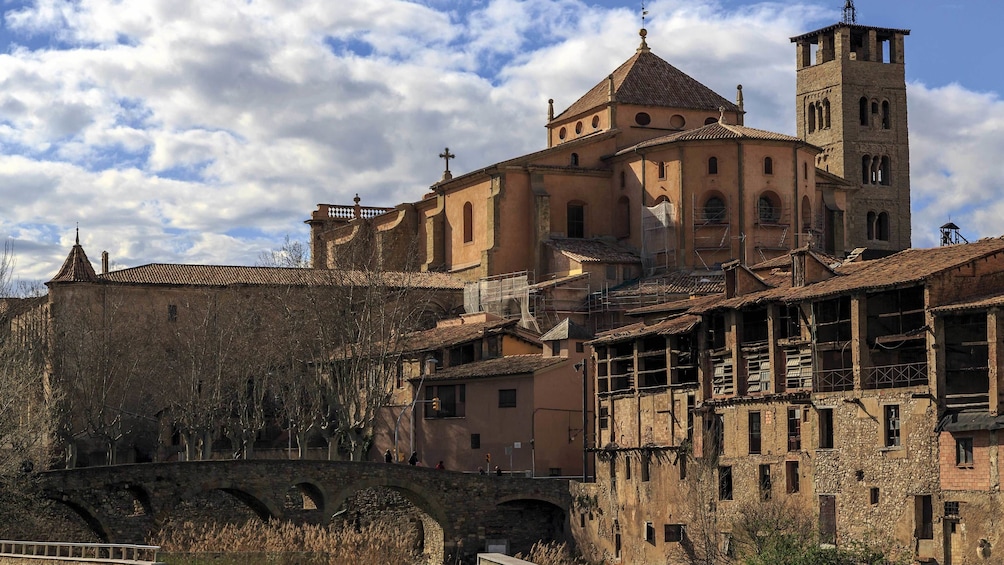 view of the Roman bridge and cathedral in Vic, Spain