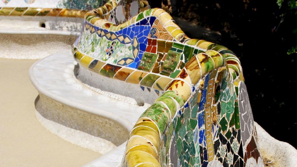 multi colored tiled bench seating at Park Guell, in Barcelona