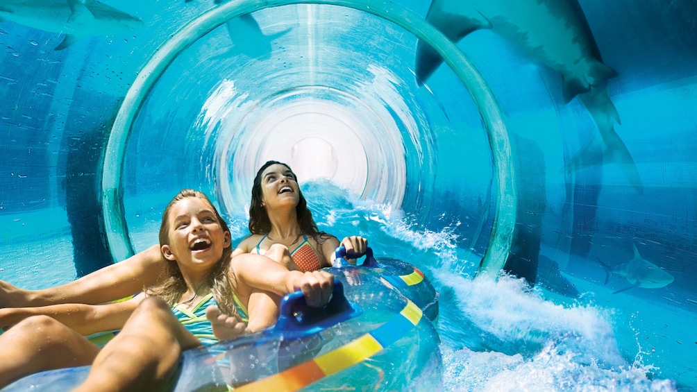 two girls sliding down underwater slide in Dubai