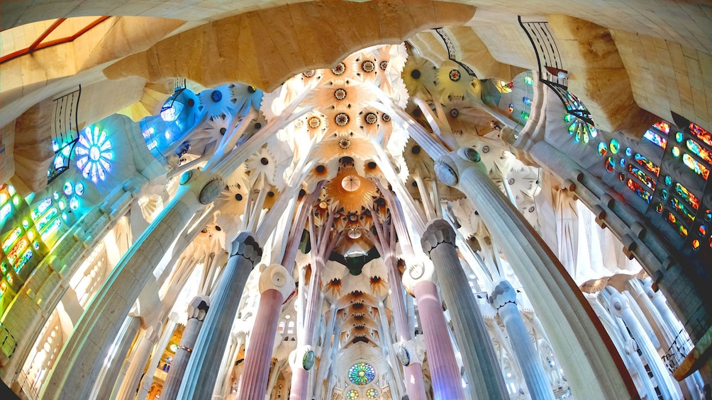 colored pillars and ceiling at Sagrada Família church in Barcelona