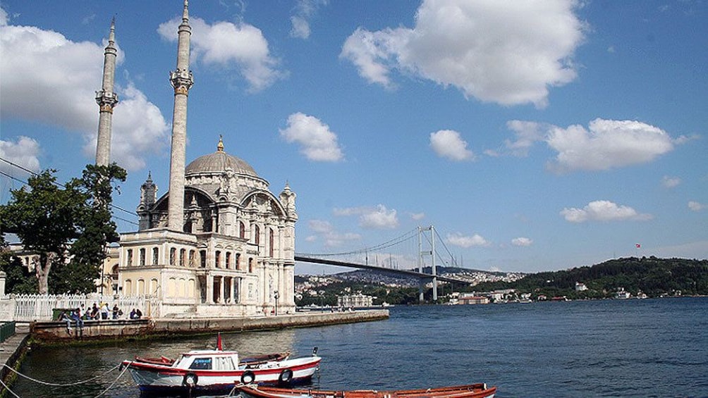 View of Ortaköy Mosque from the Bosphourus waters in Istanbul 