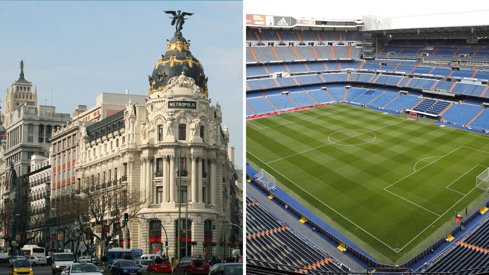 combo image of soccer field and downtown Madrid