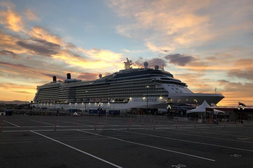 Cruise ship dock at sunset