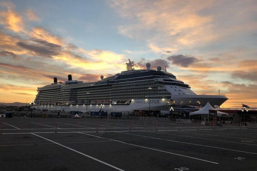 Cruise ship dock at sunset