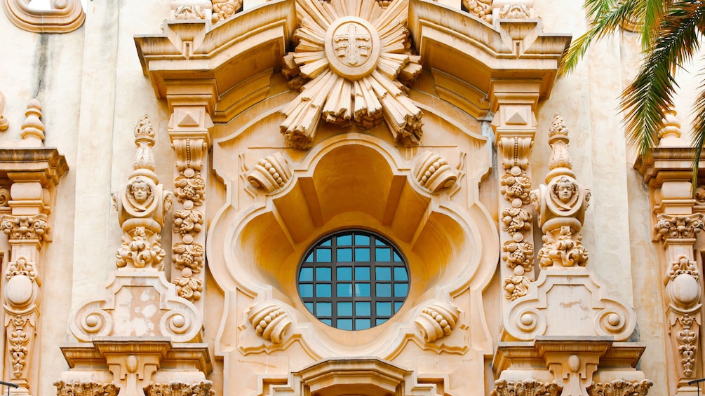 intricate facade of building in San Diego City sightseeing tour in California