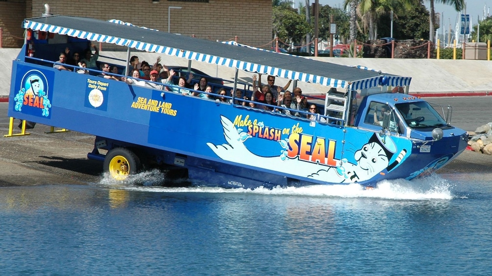 the hydra terra amphibious vehicle entering the water from the shore in San Diego 