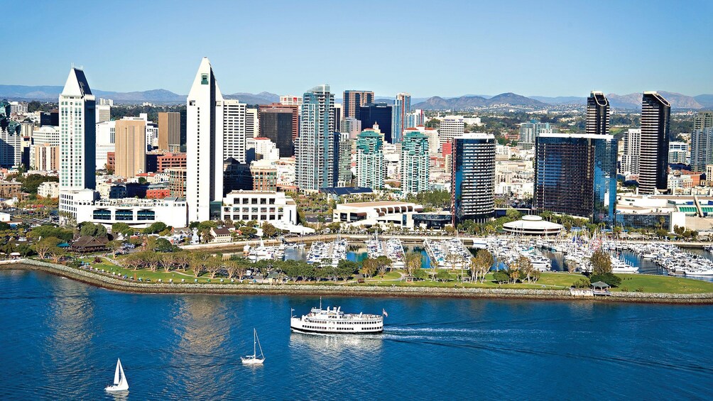 Aerial of whale watching cruise ship near San Diego