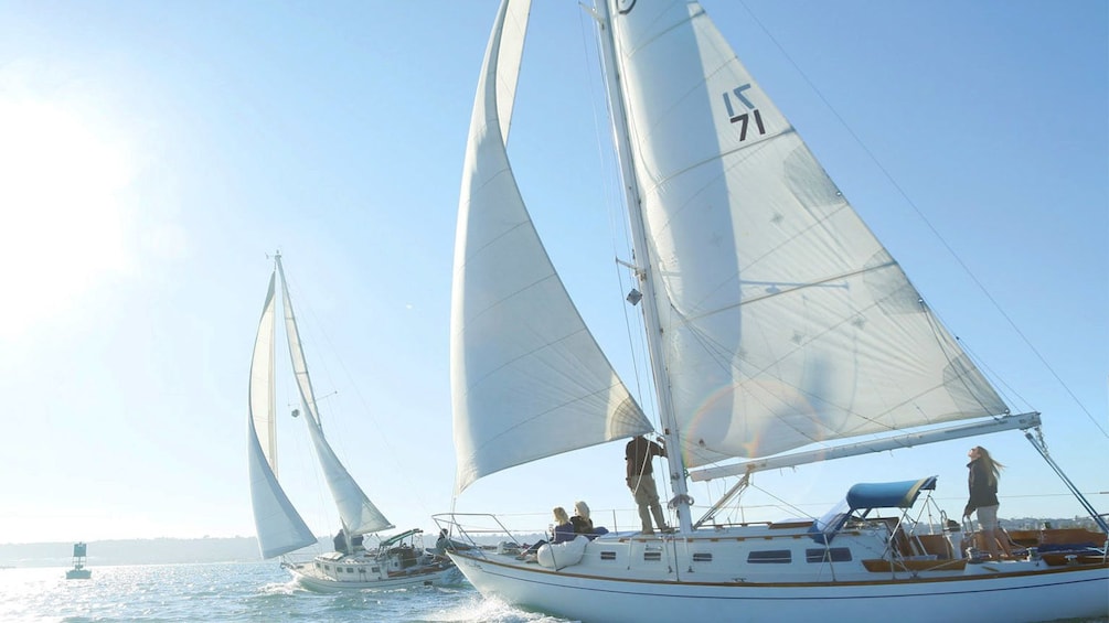 Two sailboats at full sail in bay of San Diego