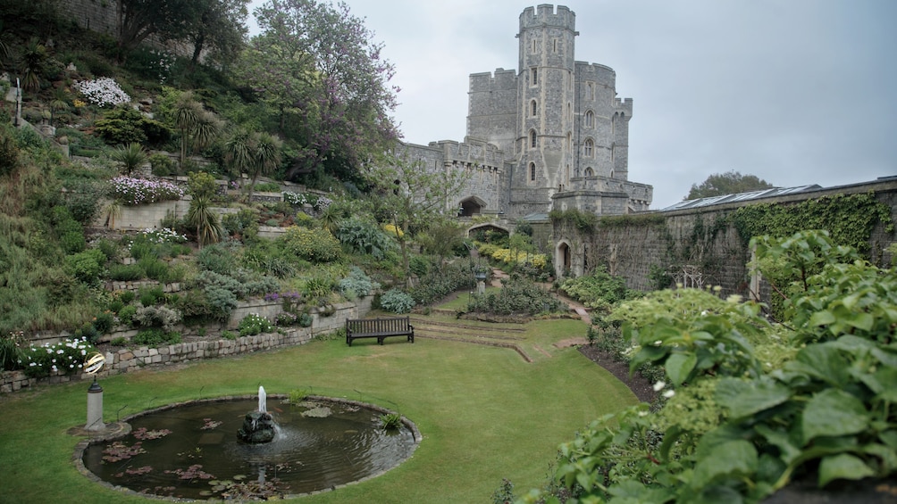 private garden and pond behind Windsor Castle in London