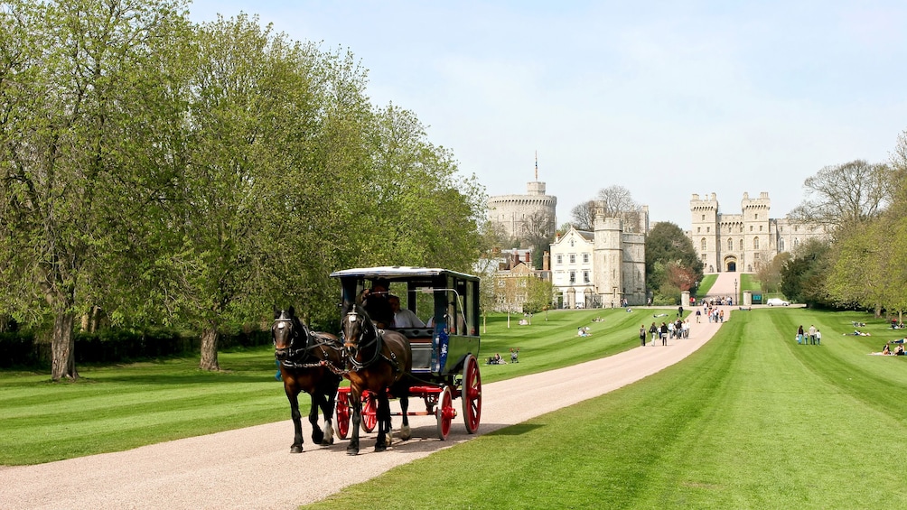 horse drawn carriage walks down road from Windsor Castle in London