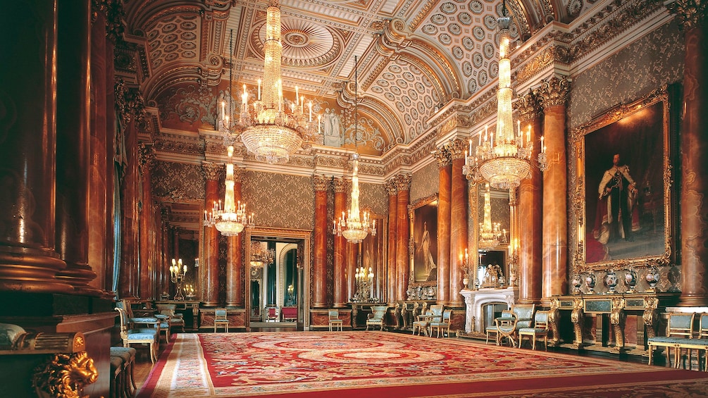 hanging chandeliers in ball room in Buckingham Palace in London 