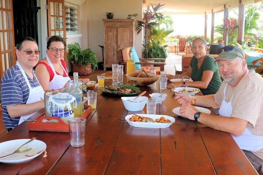 We always eat family style sitting around my table on our veranda.