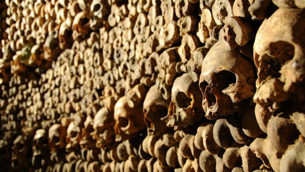 Detail of a wall of skulls and bones of a crypt in Paris.