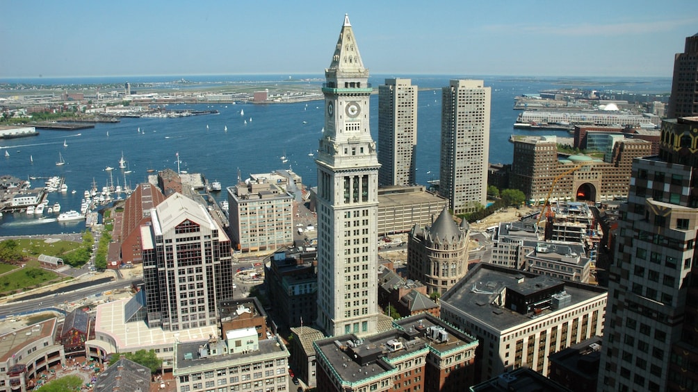 Looking down at skyscrapers and water in Boston