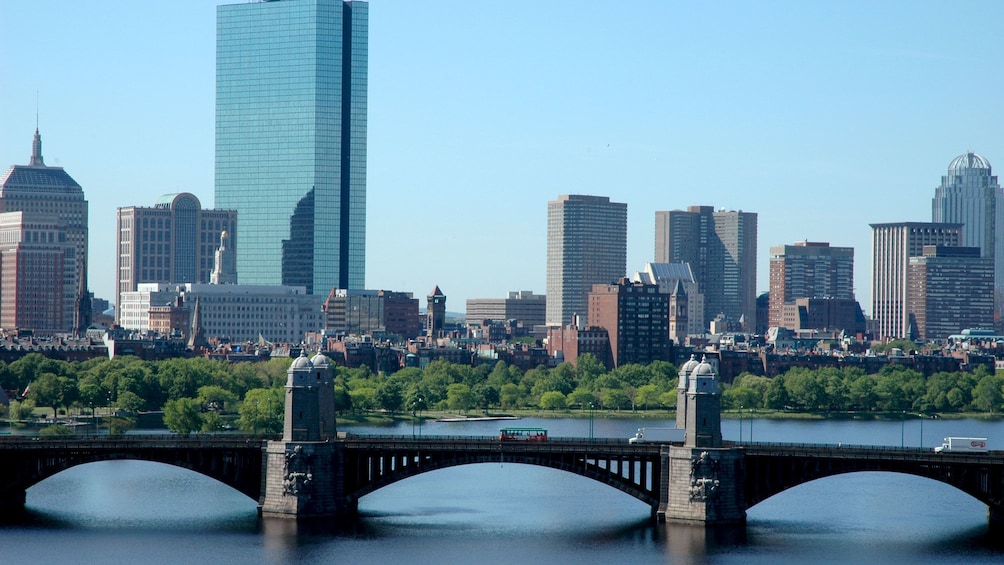 Bridge and park with a view of the Boston skyline