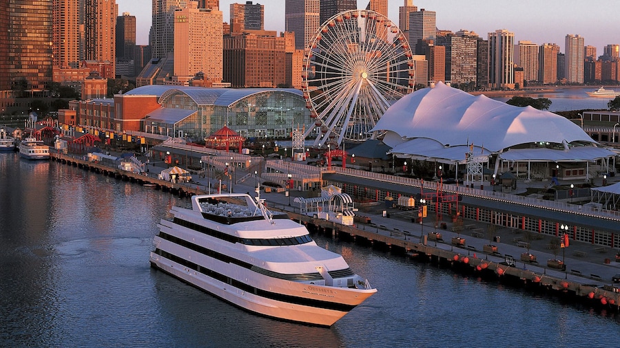 cruise ship sailing past navy pier in chicago
