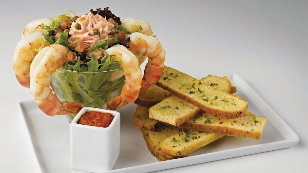 Shrimp cocktail and bread served on the Odyssey of Washington cruise ship in Washington DC